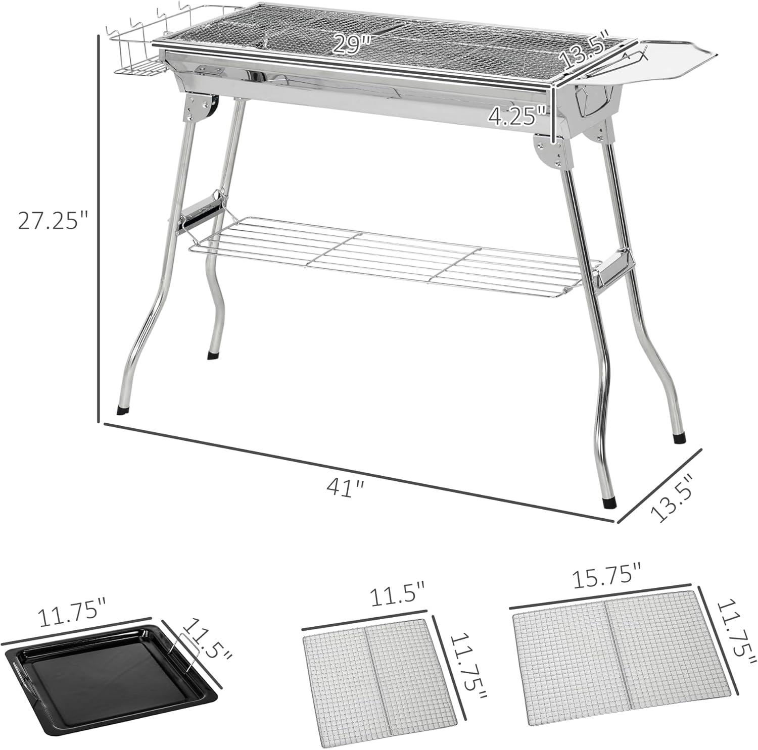 Outsunny Portable Charcoal Grill, Stainless Steel Folding Barbecue BBQ Grill with Pan, Grill Rack, Shelves and Hooks for Backyard Cooking, Camping, Picnic, Party, Tailgating and Travel