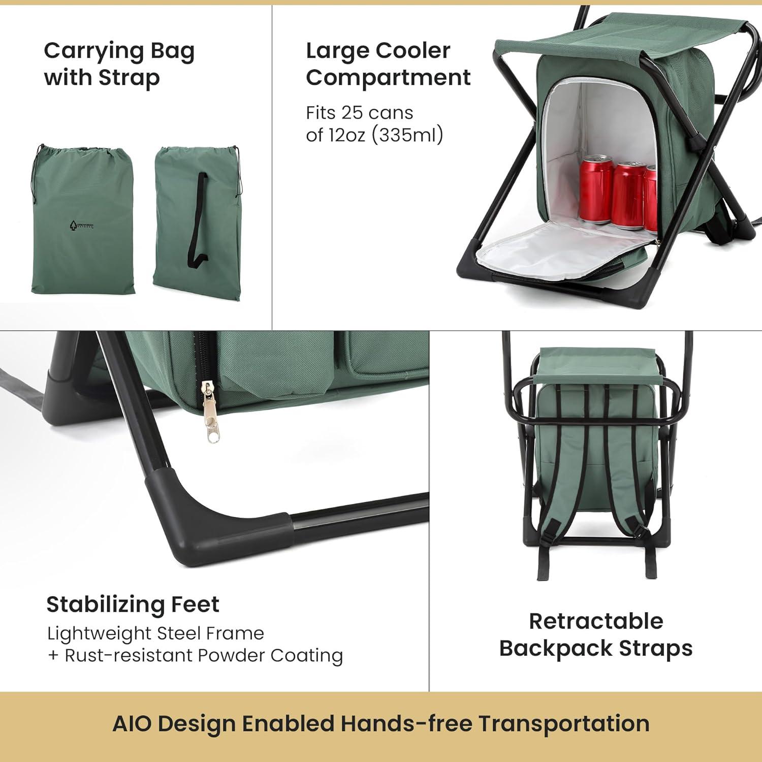 Arrowhead Outdoor Multi-Function 3-in-1 Compact Camp Chair: Backpack, Stool & Insulated Cooler, w/Bottle Holder & Storage Bag, Hiking (Forest Green)