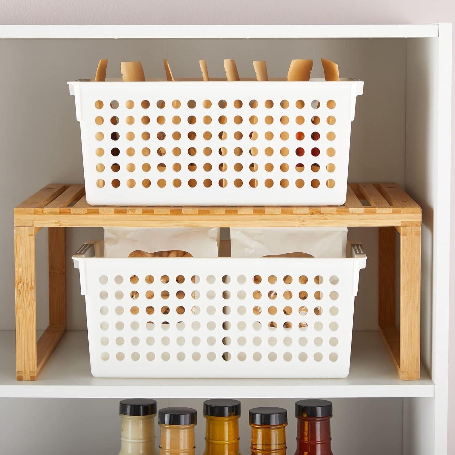 Set of 4 White Plastic Storage Baskets with Gray Handles