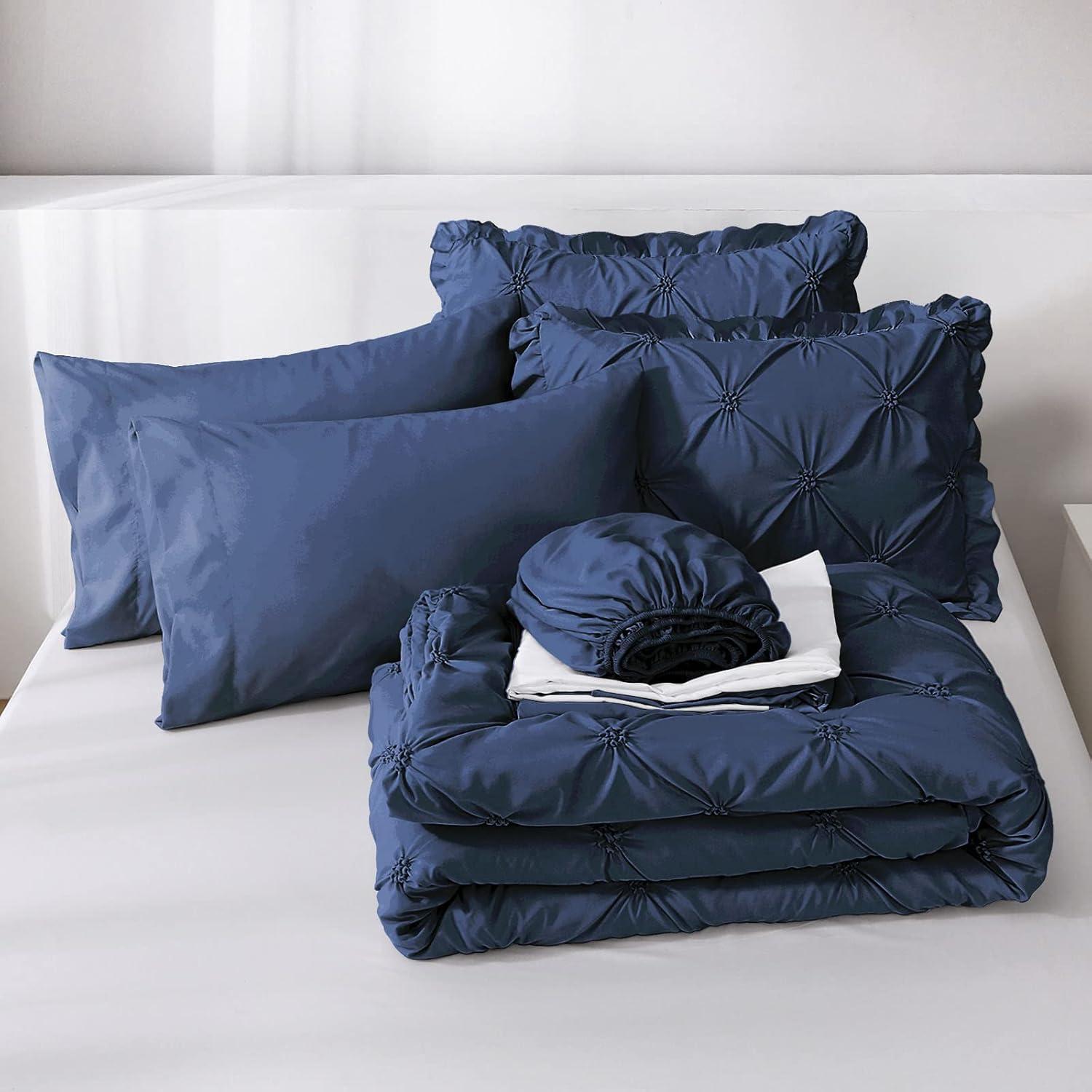 Virtu Queen Comforter Set, 7pc Bed in a Bag, Pleated Bedding Comforter Sets with Sheets, Navy