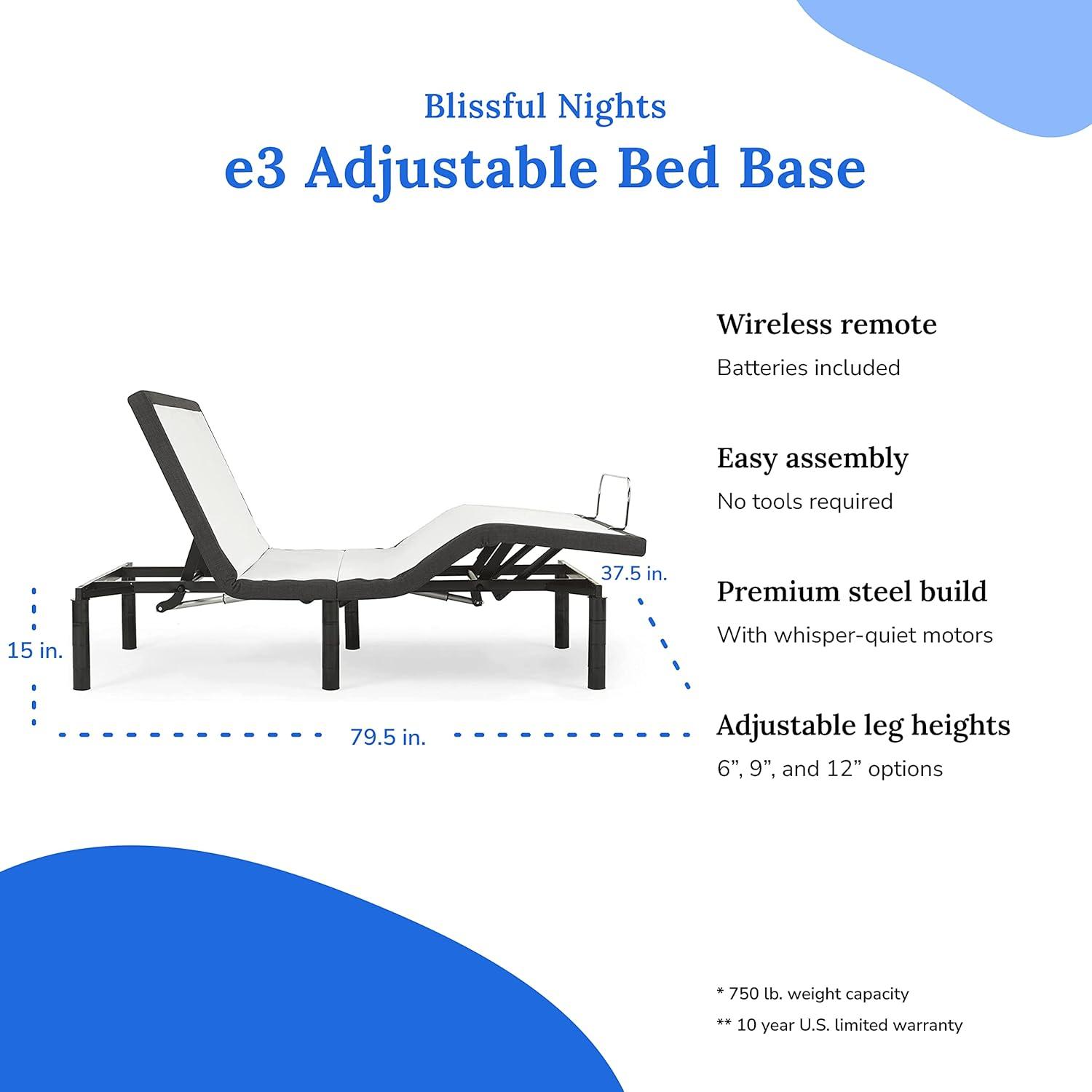 Blissful Nights e3 Twin XL Adjustable Bed Base Frame with 10" Medium Firm Gel Infused Memory Foam Mattress