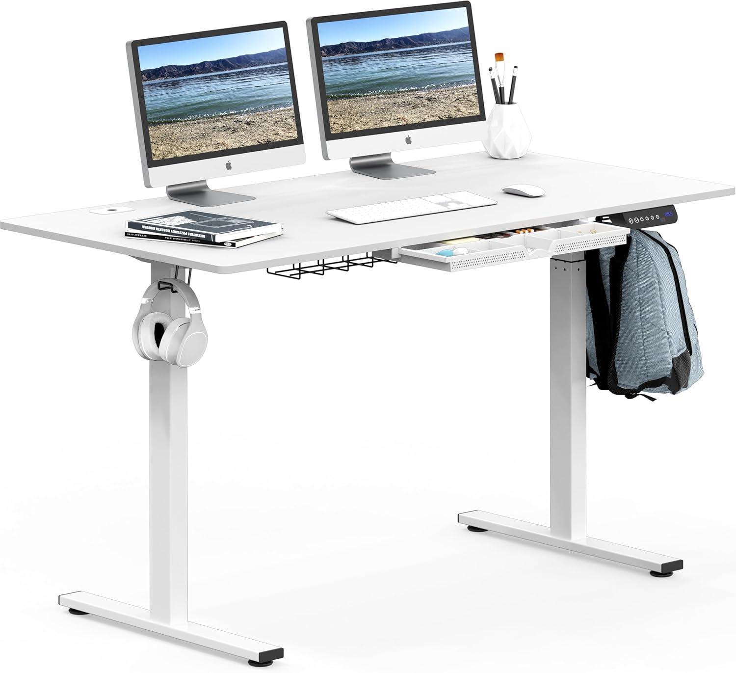 SHW 55 Inch Large Electric Height Adjustable Computer Standing Desk, White