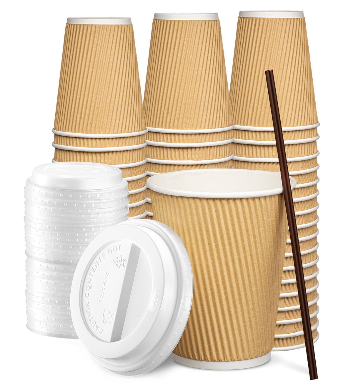 GUSTO Disposable Coffee Cups with Lids 12 Oz Insulated Paper Cups, 100-Pack