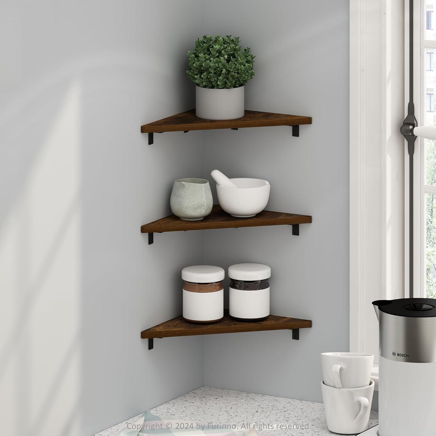 Furinno Rossi Triangle Corner Floating Shelves, Wall Mount Display Shelf, Amber Pine, Set of 3