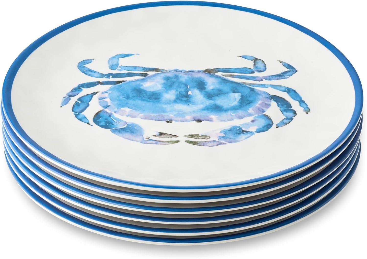 Blue Crab Melamine 11-Inch Dinner Plates Set for Coastal Dining