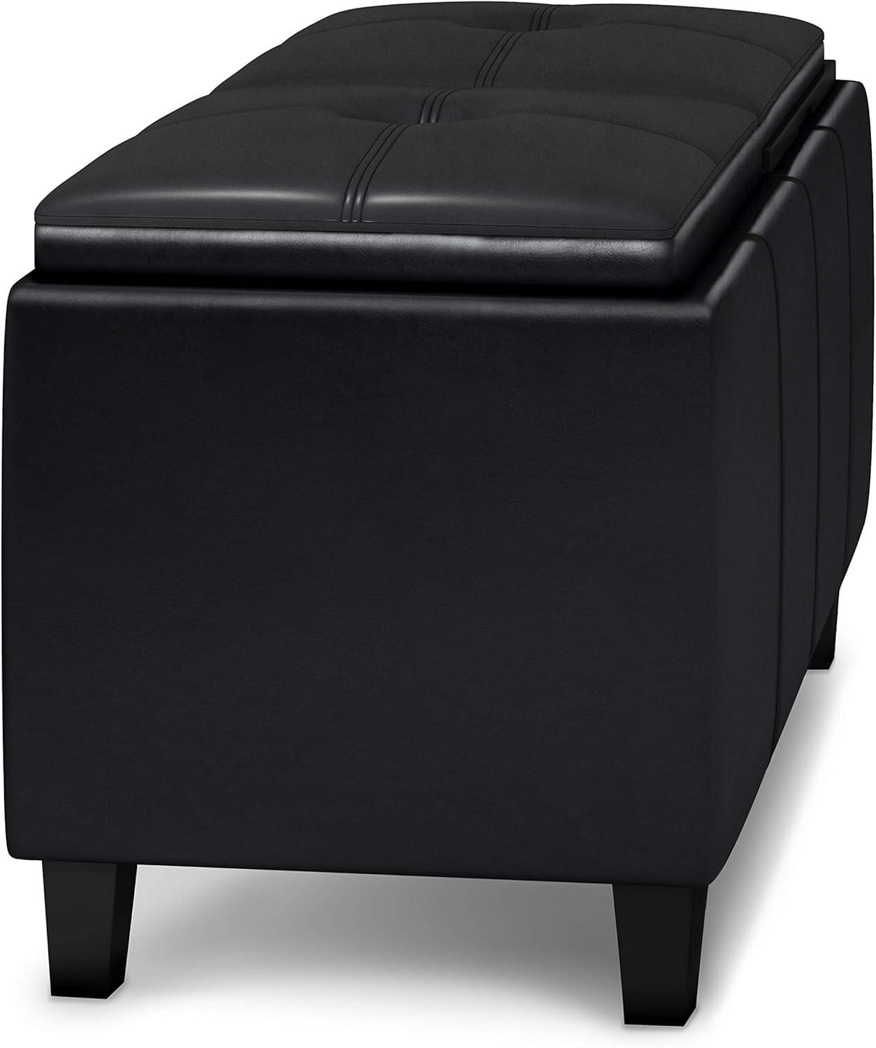 Midnight Black Faux Leather Tufted Storage Ottoman with Trays