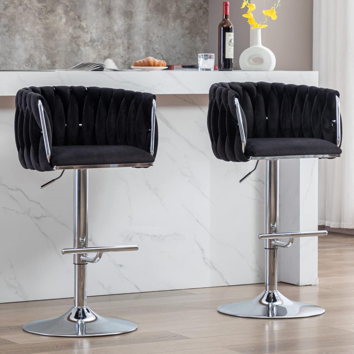 Velvet Bar Stools Set of 2, Counter Height Barstools with Low Back, Swivel Bar Stool for Kitchen Island, Pub (Black)