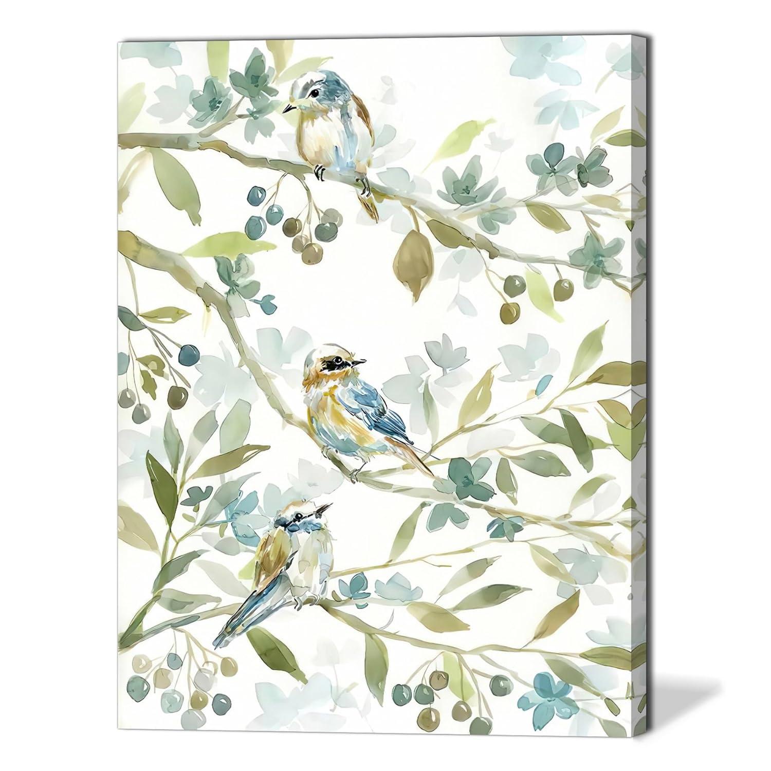 Birds Paintings Decor Wall Art for Living Room Farmhouse Vintage Botanical Leaf Framed Canvas Wall Art Birds Plant Wall Decor for Bedroom Aesthetic Bathroom Kitchen Office Dorm，ready to Hang 12x16