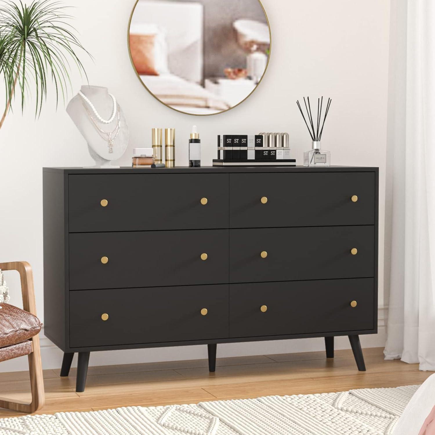 Black Dresser for Bedroom, 6 Drawer Dresser with Golden Handles, Large Storage Cabinet, Modern Chest of Drawers Organizer Storage for Hallyway, Entryway