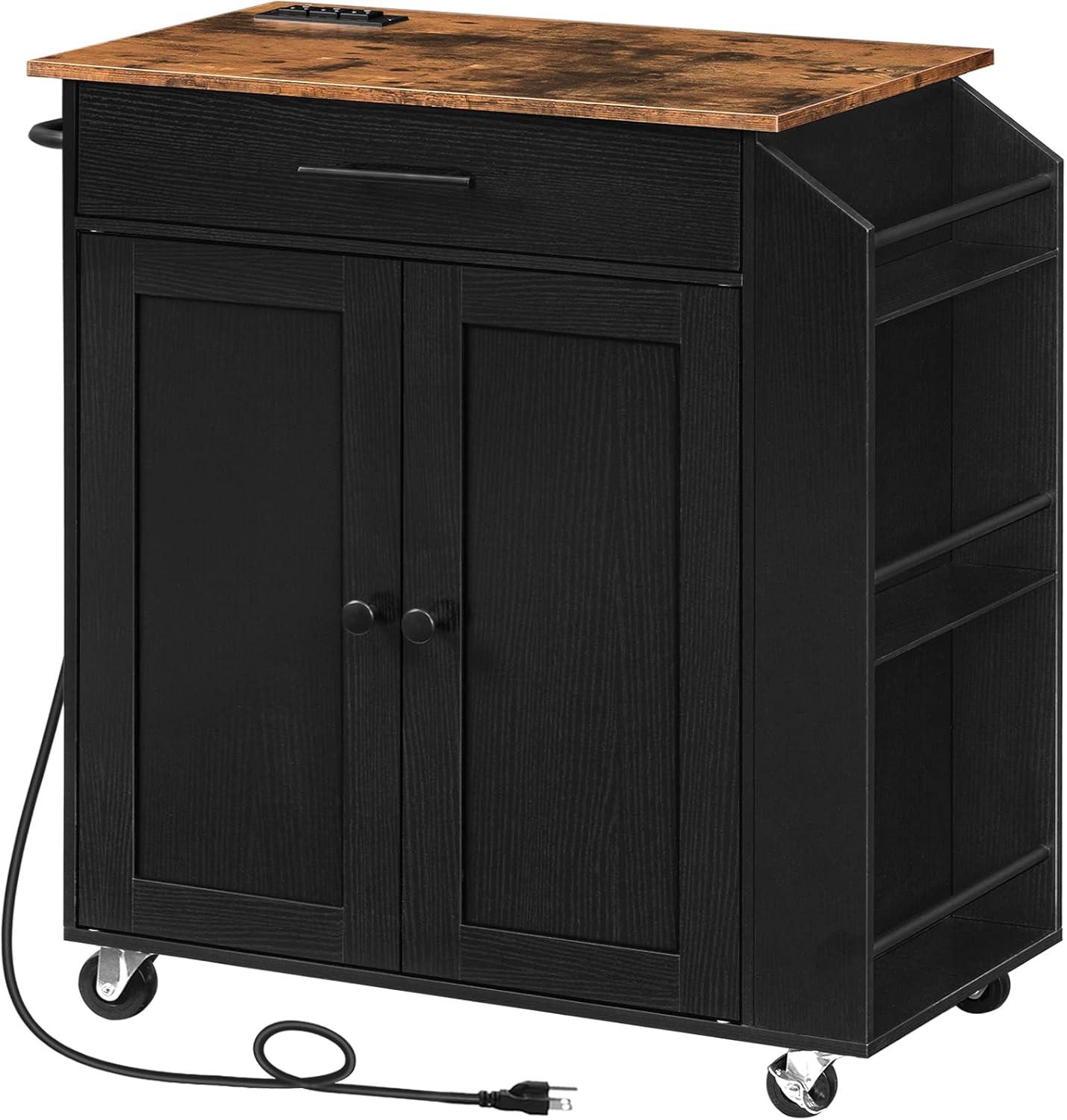 Rustic Brown and Black Rolling Kitchen Island with Power Outlet