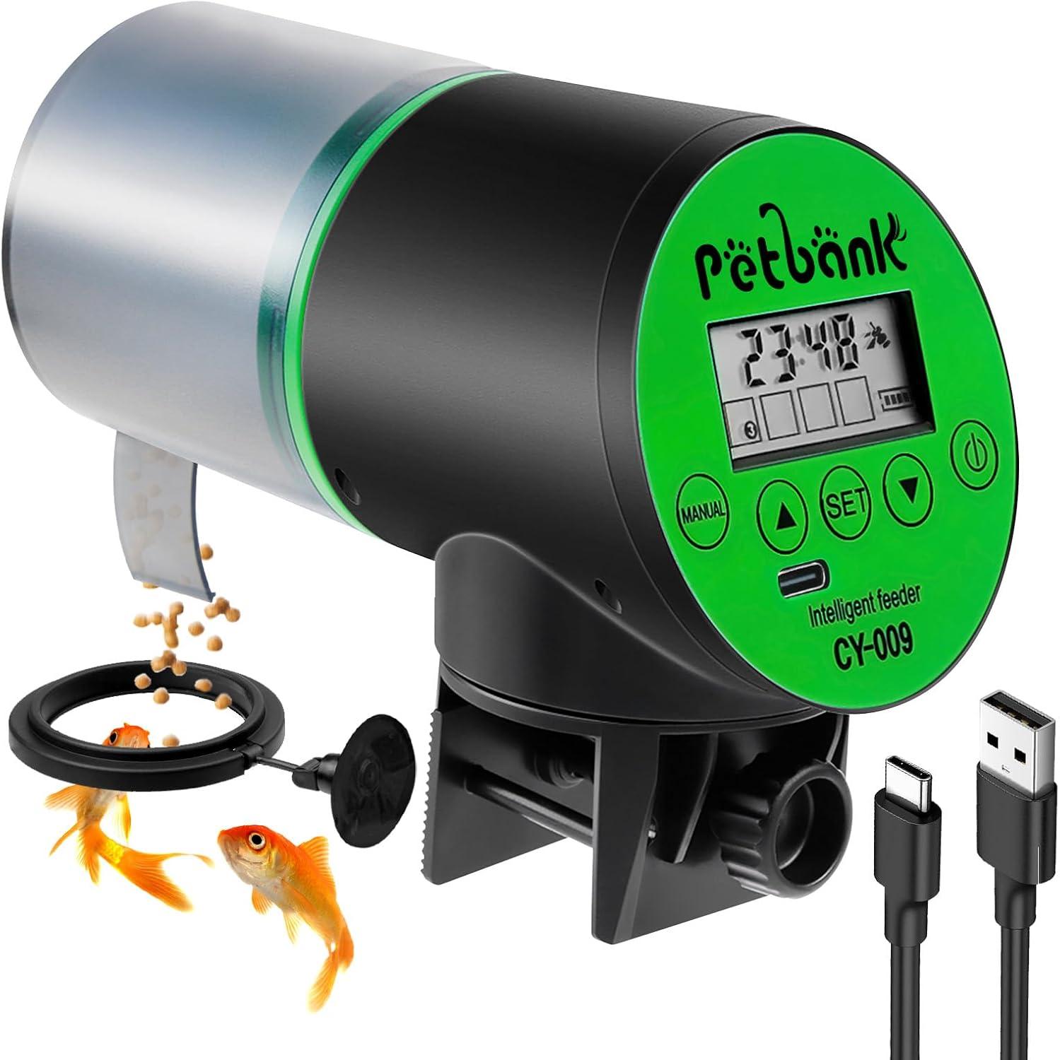 Petbank Automatic Fish Feeder for Aquarium, Auto Fish Food Dispenser with Timer, USB Charging, Green