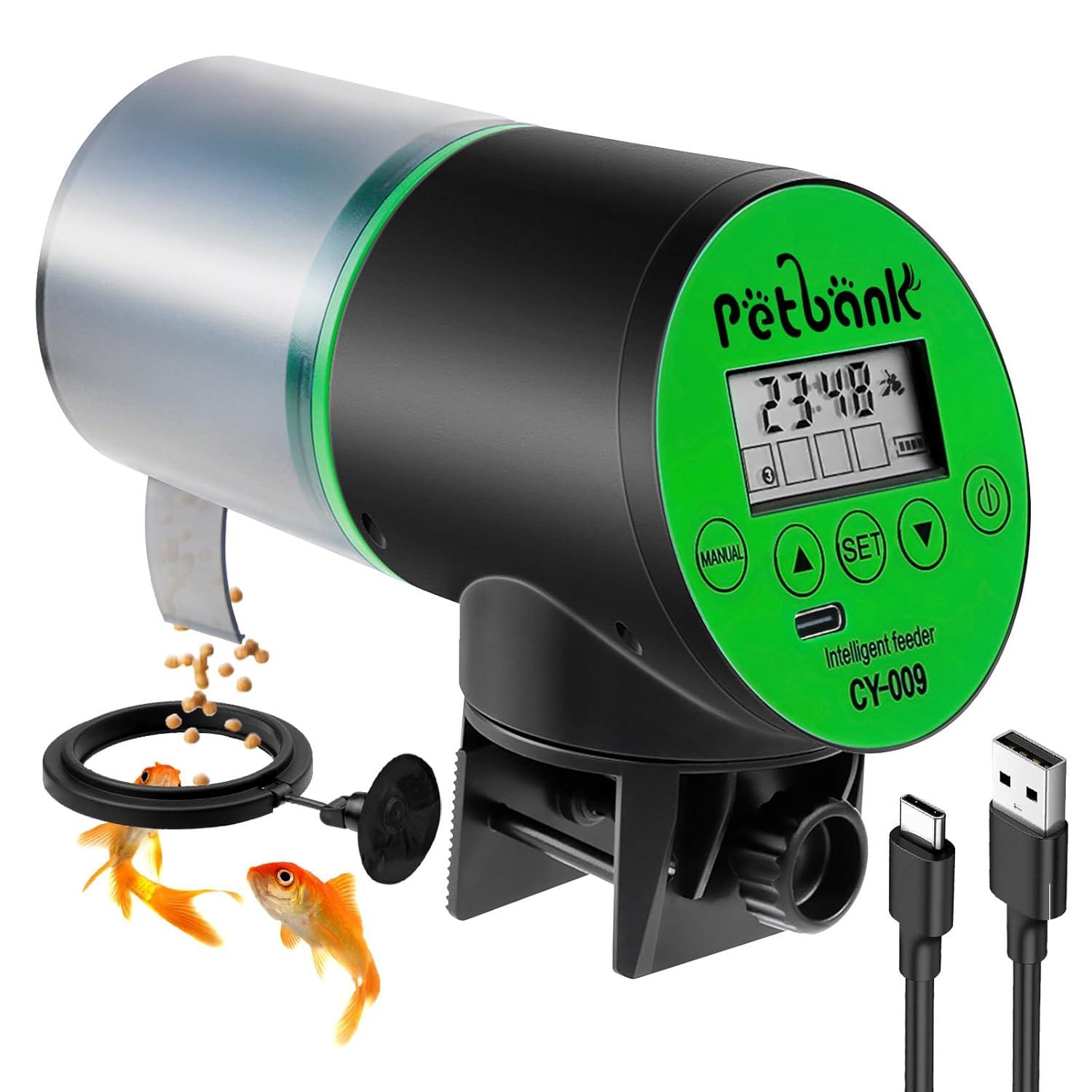 Petbank Automatic Fish Feeder for Aquarium, Auto Fish Food Dispenser with Timer, USB Charging, Green