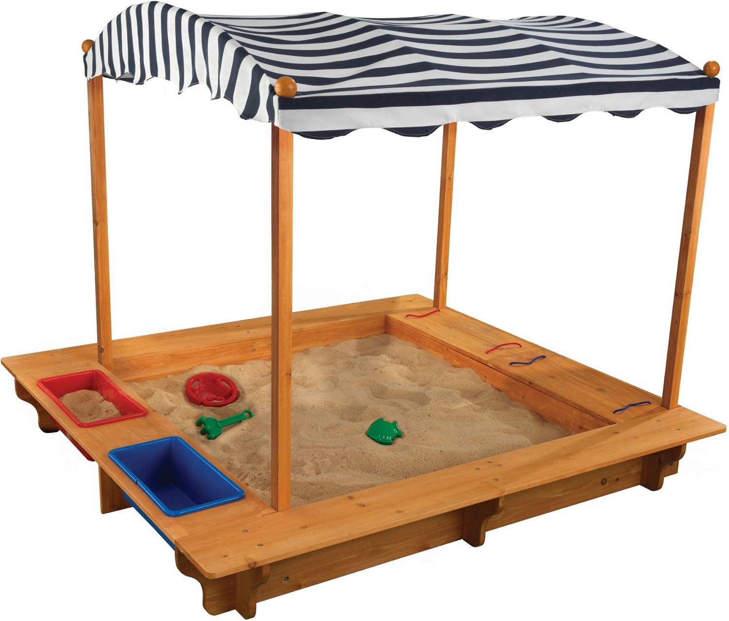 KidKraft Outdoor Covered Wooden Sandbox with Bins and Striped Navy & White Canopy