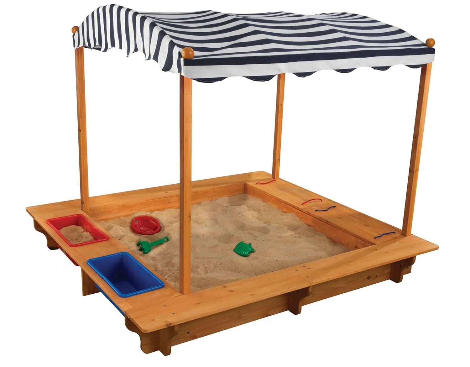 KidKraft Outdoor Covered Wooden Sandbox with Bins and Striped Navy & White Canopy