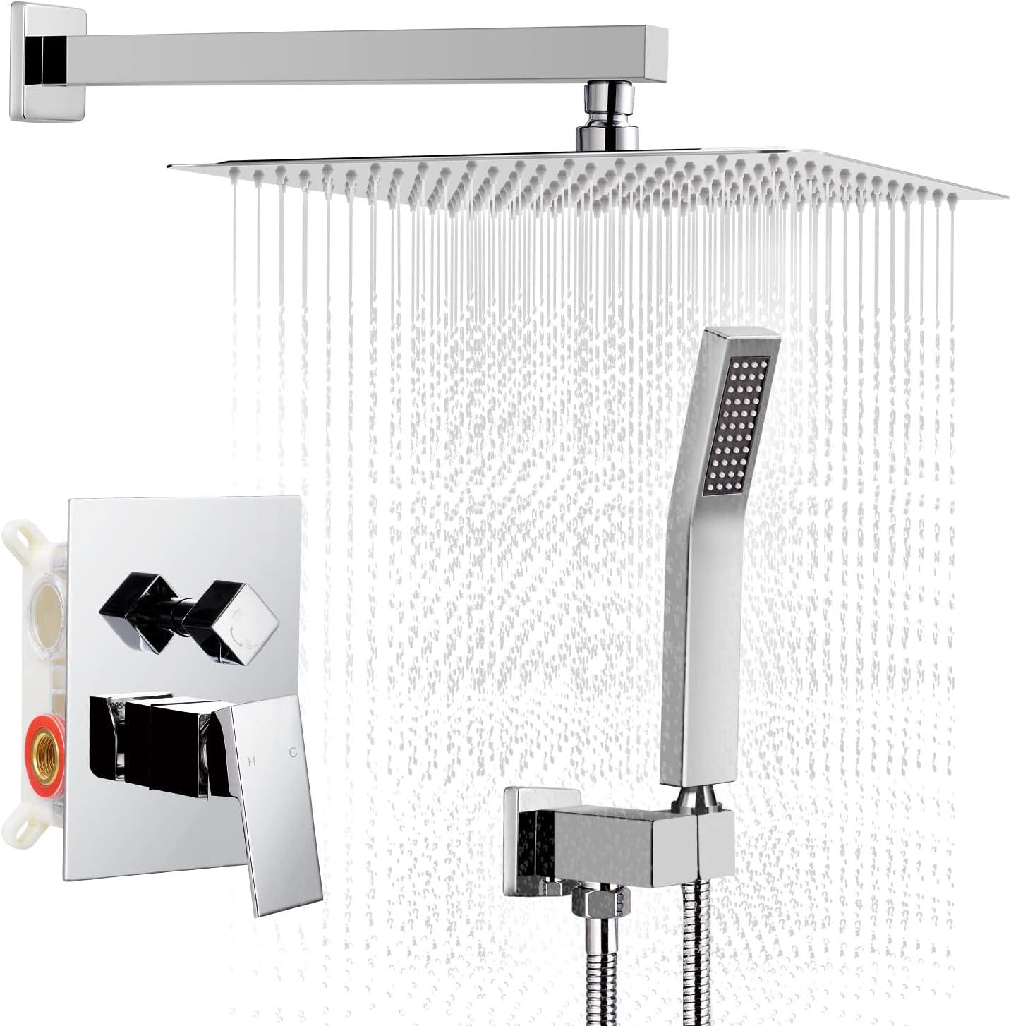 Qomolangma 12 inch Rain Shower System, Bathroom Shower Faucet Set with Pressure Balance Valve, Wall Mounted 2-Functions Shower Systems with Rain Shower and Handheld Spray Shower Trim Included