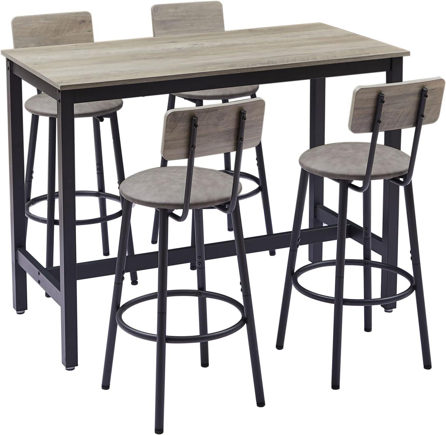 Bar Table and Chairs Set for 4, Rectangular Pub Bistro Table & 4 Dining Chairs with Backrest, Dining Table Set for 4,Heavy Duty Metal Frame, for Kitchen Restaurant Breakfast Nook, Gray