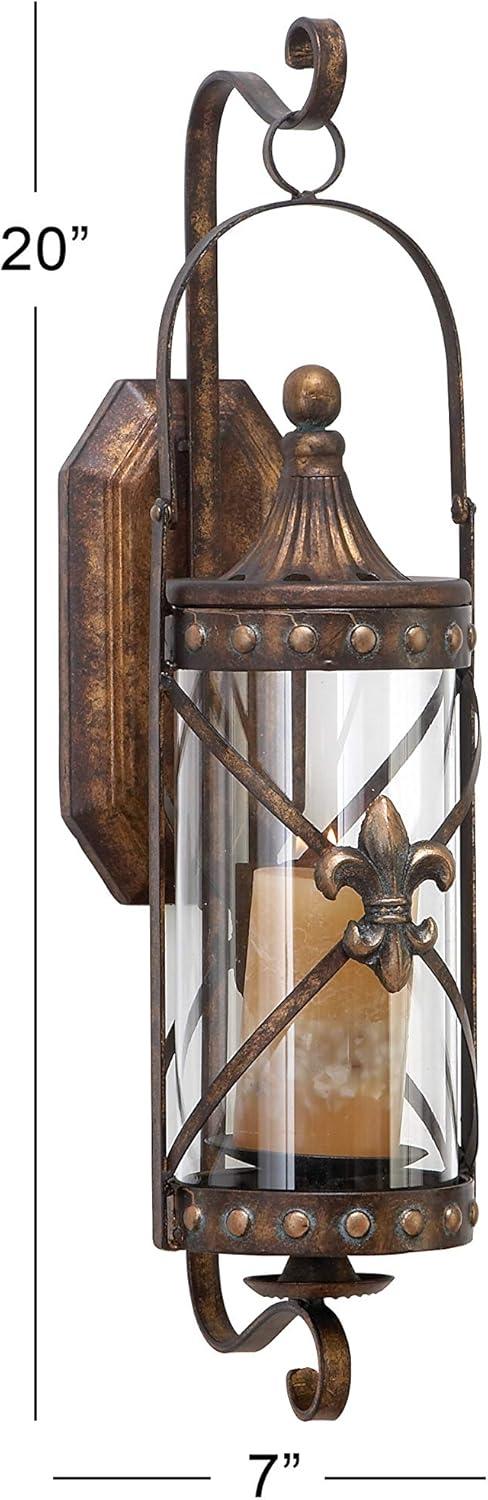 DecMode Bronze Metal Fleur De Lis Suspended Studded Wall Sconce with Scroll Details