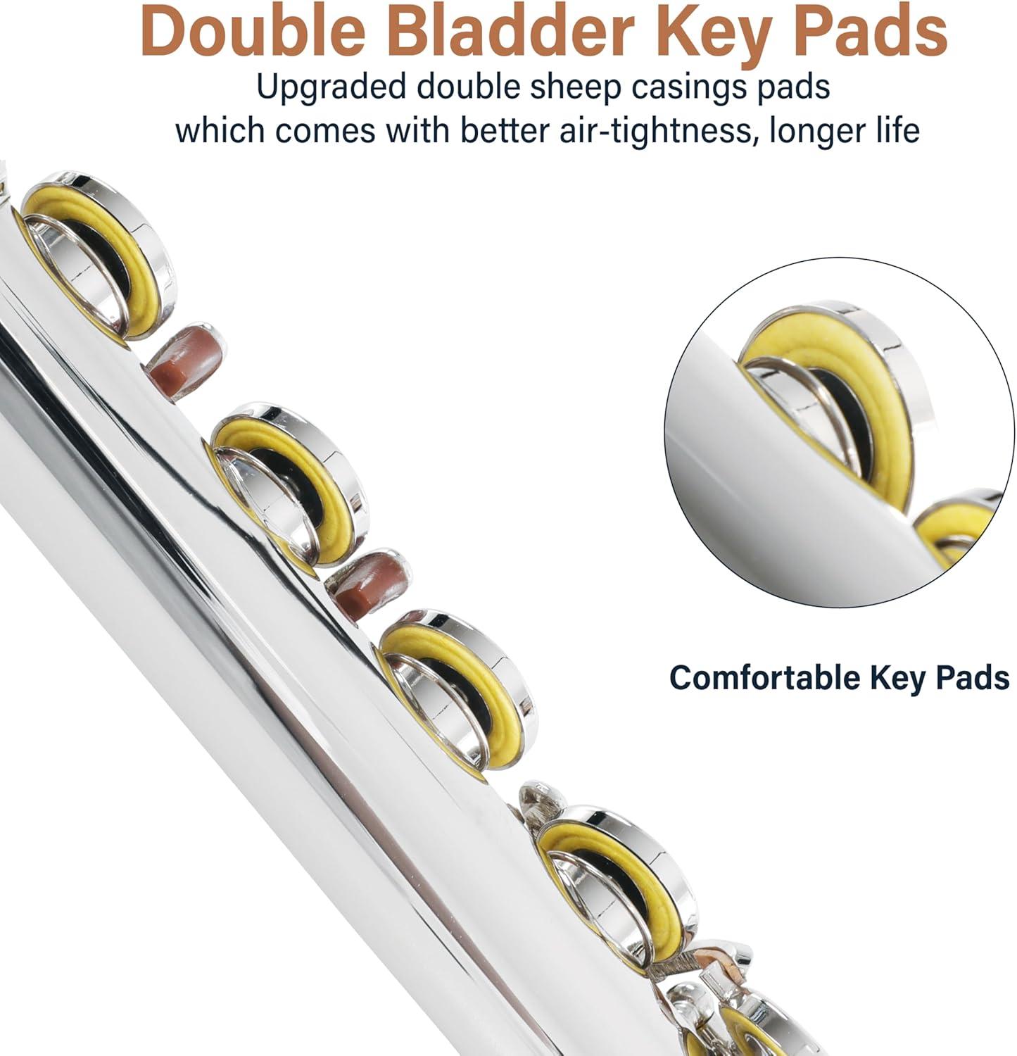 Mendini By Cecilio Flute, 16 Keys C Flute Instrument Closed Hole For Beginners with Carrying Case, Cork Grease, Stand, Lesson Book, Cleaning Kit, Gloves (Black)