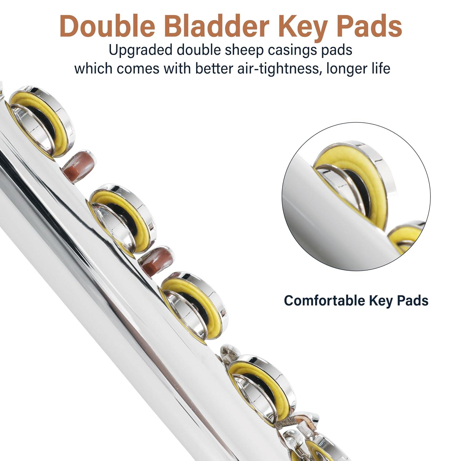 Mendini By Cecilio Flute, 16 Keys C Flute Instrument Closed Hole For Beginners with Carrying Case, Cork Grease, Stand, Lesson Book, Cleaning Kit, Gloves (Black)