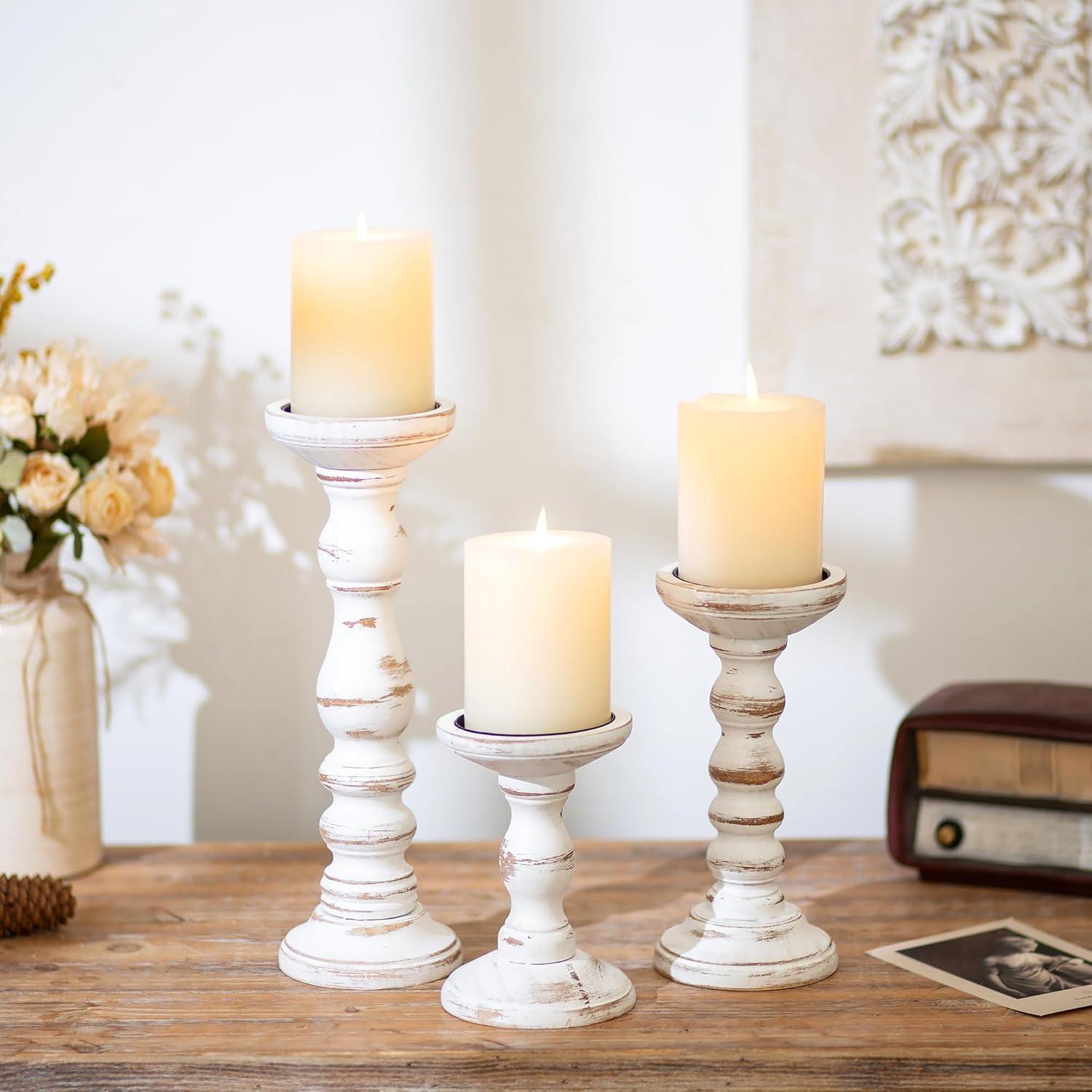 Whitewashed Pine Rustic Farmhouse Candle Holders Set of 3