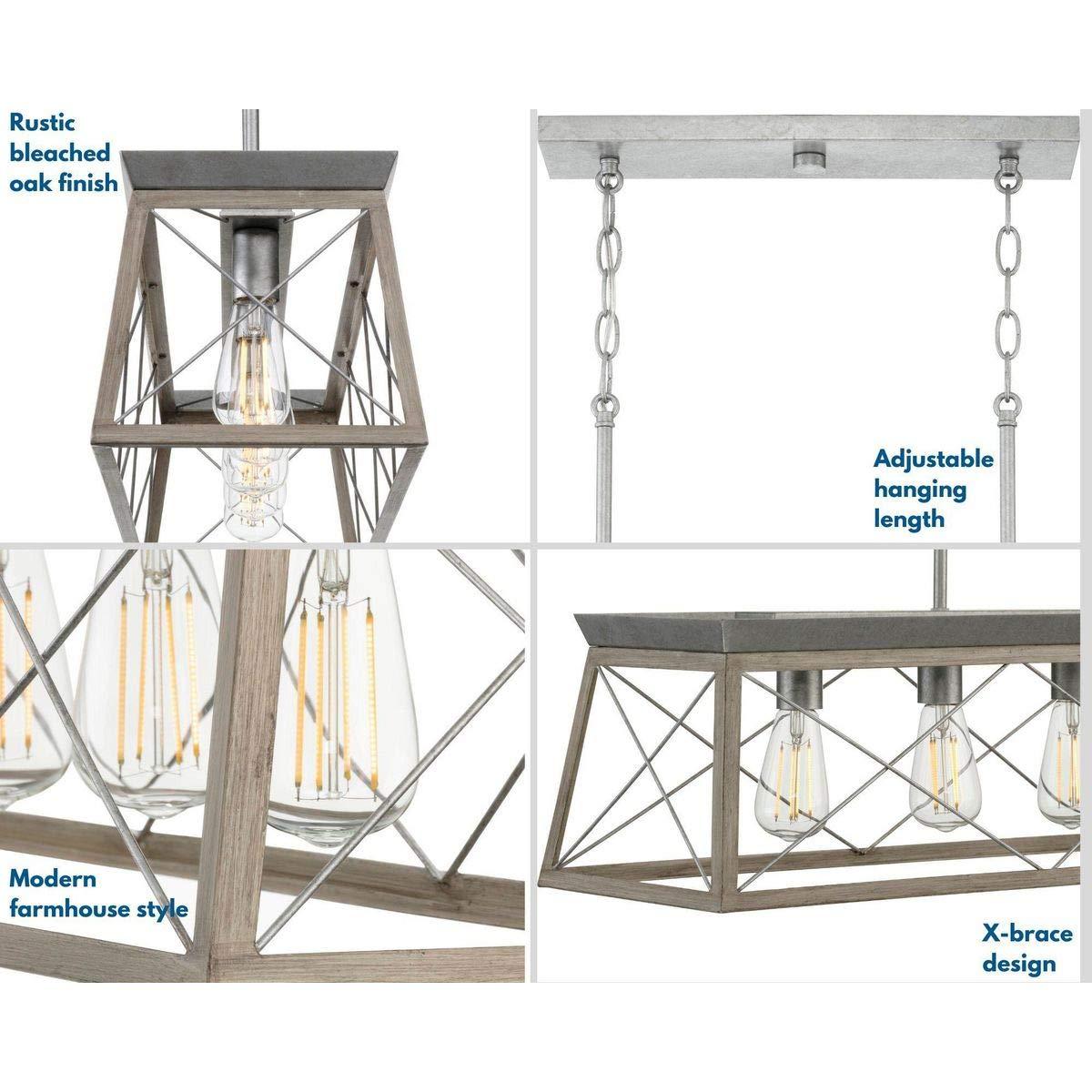 Progress Lighting Briarwood 5-Light Linear Chandelier, Galvanized Finish, Steel Material, Faux-Painted Wood Enclosure