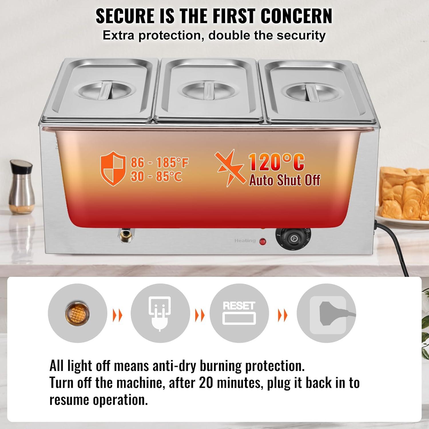 3-Pan Commercial Food Warmer, 17.4QT. Electric Steam Table, 1200W Professional Countertop Stainless Steel Buffet