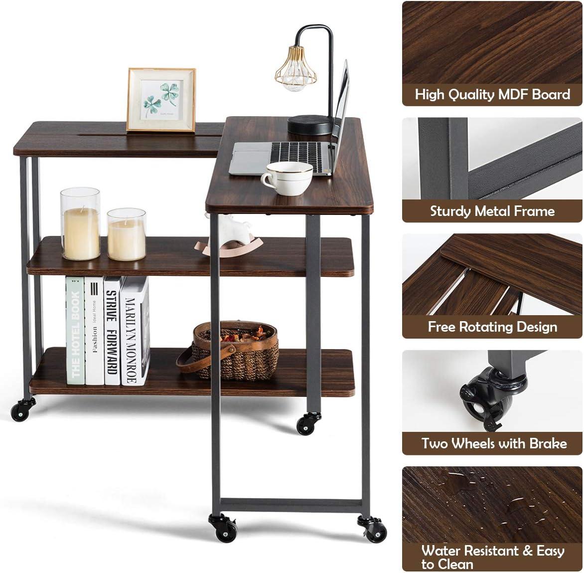 KOTEK 360 ° Rotating Sofa Side Table, Patented L-Shaped Corner Desk with 2-Tier Storage Shelf, Mobile End Table Movable Laptop Table with Casters, for Home Office (Walnut)