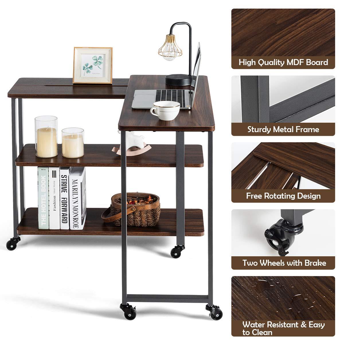 KOTEK 360 ° Rotating Sofa Side Table, Patented L-Shaped Corner Desk with 2-Tier Storage Shelf, Mobile End Table Movable Laptop Table with Casters, for Home Office (Walnut)