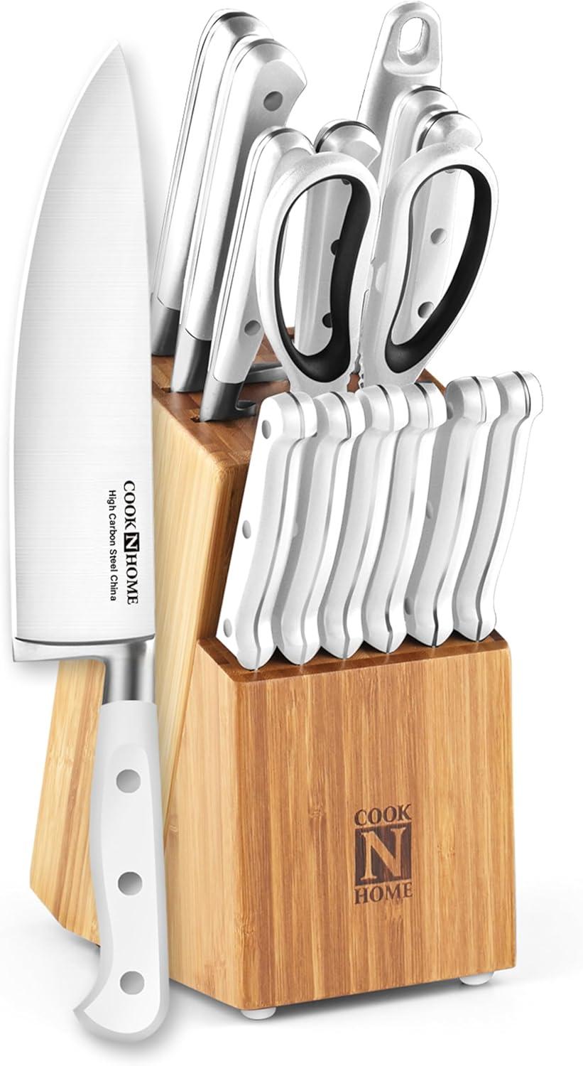 White 15-Piece Kitchen Knife Set with Bamboo Block