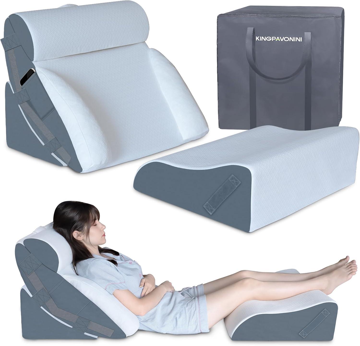 KingPavonini 6PCS Orthopedic Bed Wedge Pillow for Sleeping, Post Surgery Memory Foam for Back, Neck, Leg Support, Acid Reflux, Gerd with Travel Bag (Gray, 20'')