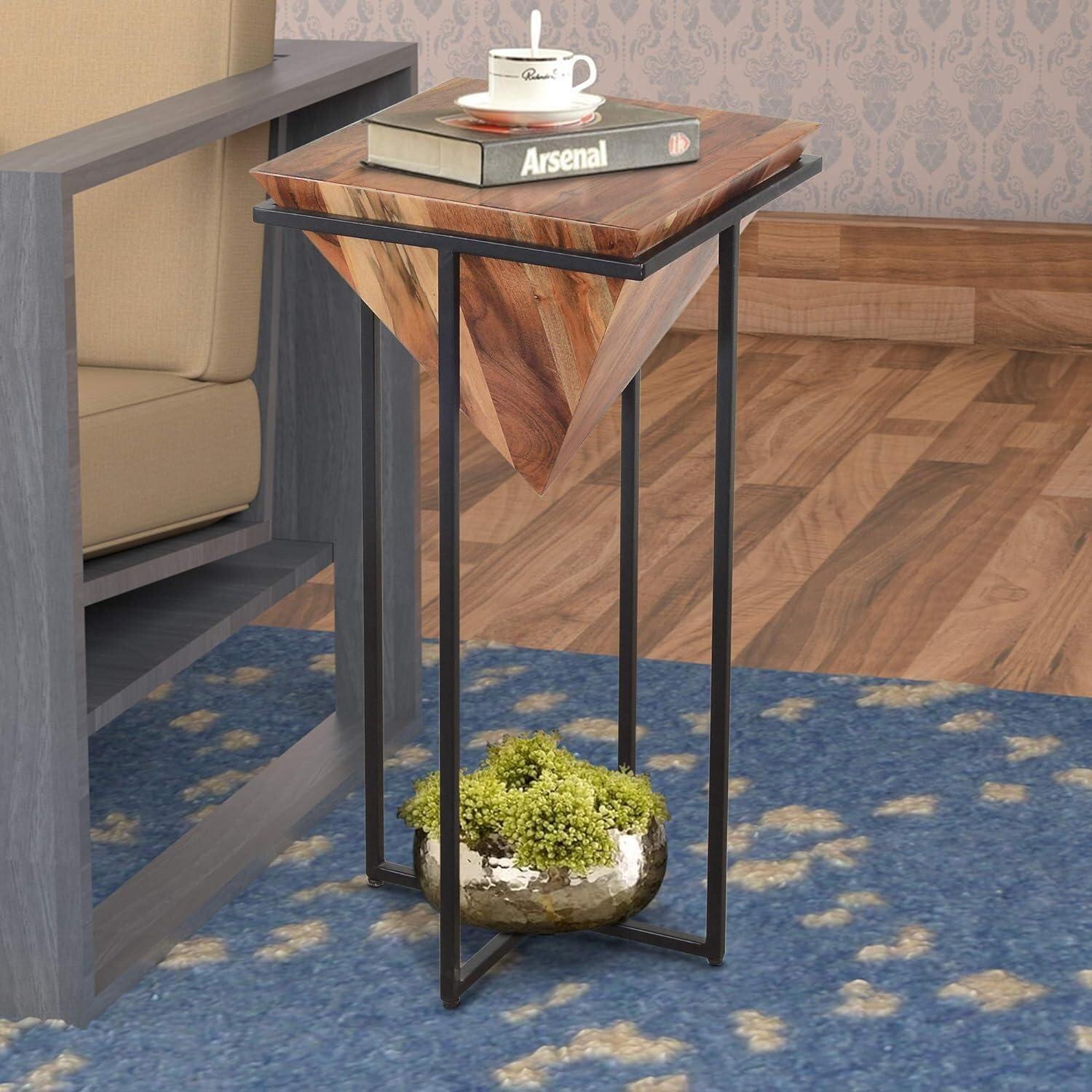 30-Inch Brown Acacia Wood Side Table with Black Metal Cross Base