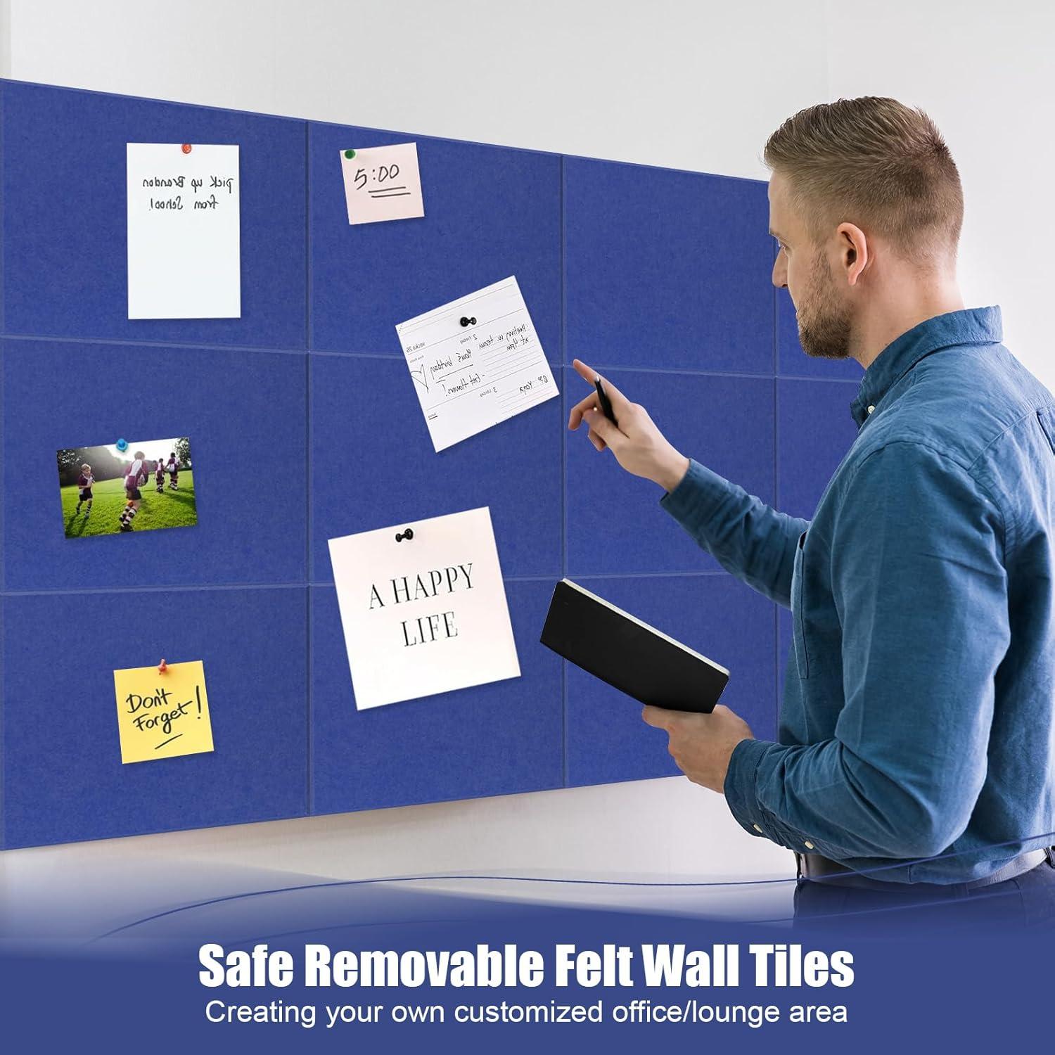 Large Cork Board Alternative 48" x 36", Black Bulletin Board, 12 Pack Felt Wall Tiles With 50 Pushpins, Pin Board Tack Board for Office (Dark Blue)