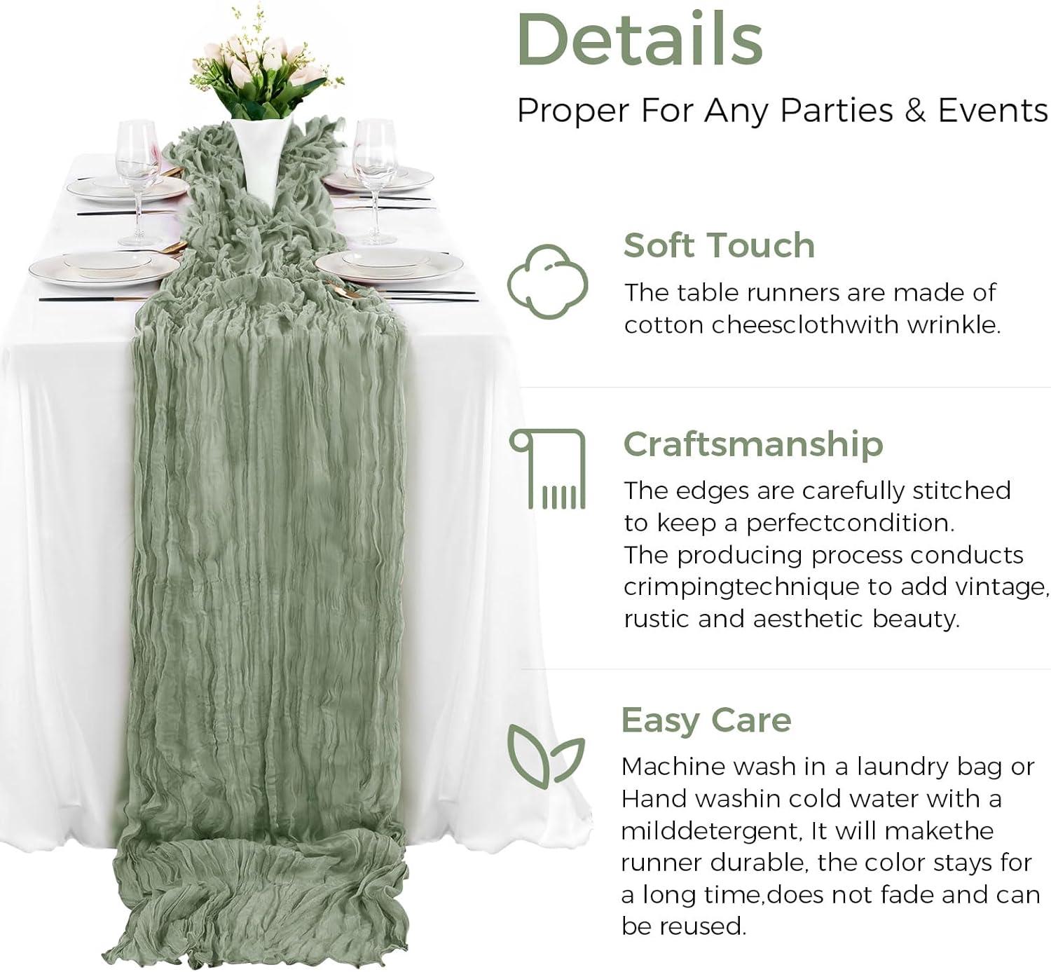 Mint Green Cheesecloth Table Runner 6 Pack 35" Boho Gauze Runner 120 inches Long Tablecloth Runner Rustic Sheer Fabric Bulk for Baby Shower Wedding Bridal Birthday Party Table Decorations