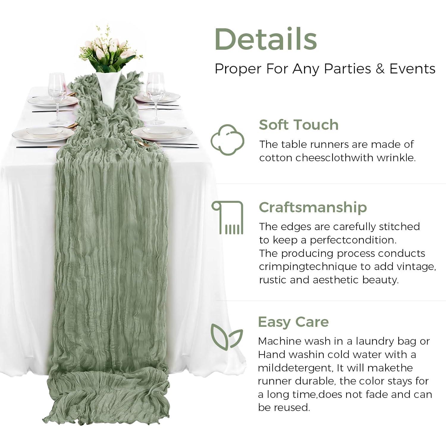 Mint Green Cheesecloth Table Runner 6 Pack 35" Boho Gauze Runner 120 inches Long Tablecloth Runner Rustic Sheer Fabric Bulk for Baby Shower Wedding Bridal Birthday Party Table Decorations