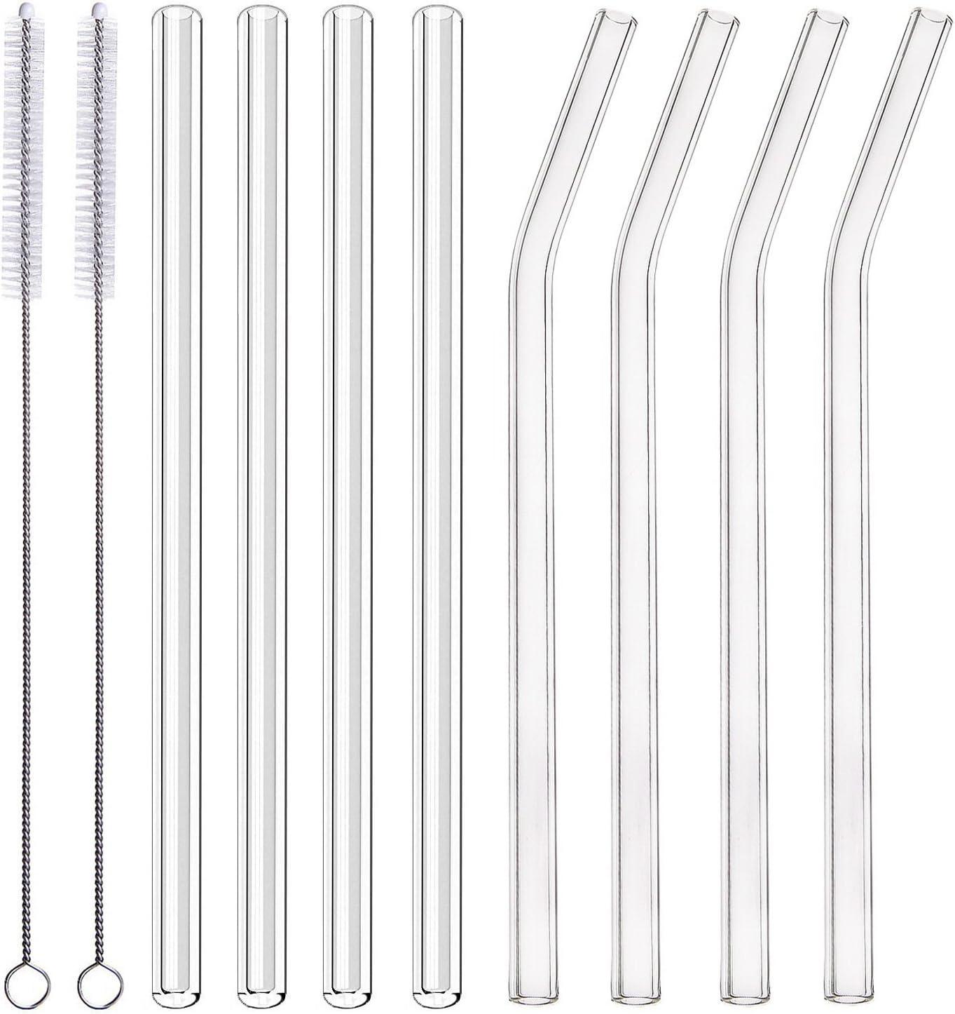 8-Pack Clear Glass Smoothie Straws, 10mm Wide 10" + 9 " Long Reusable Drinking Straws with 2 Cleaning Brush