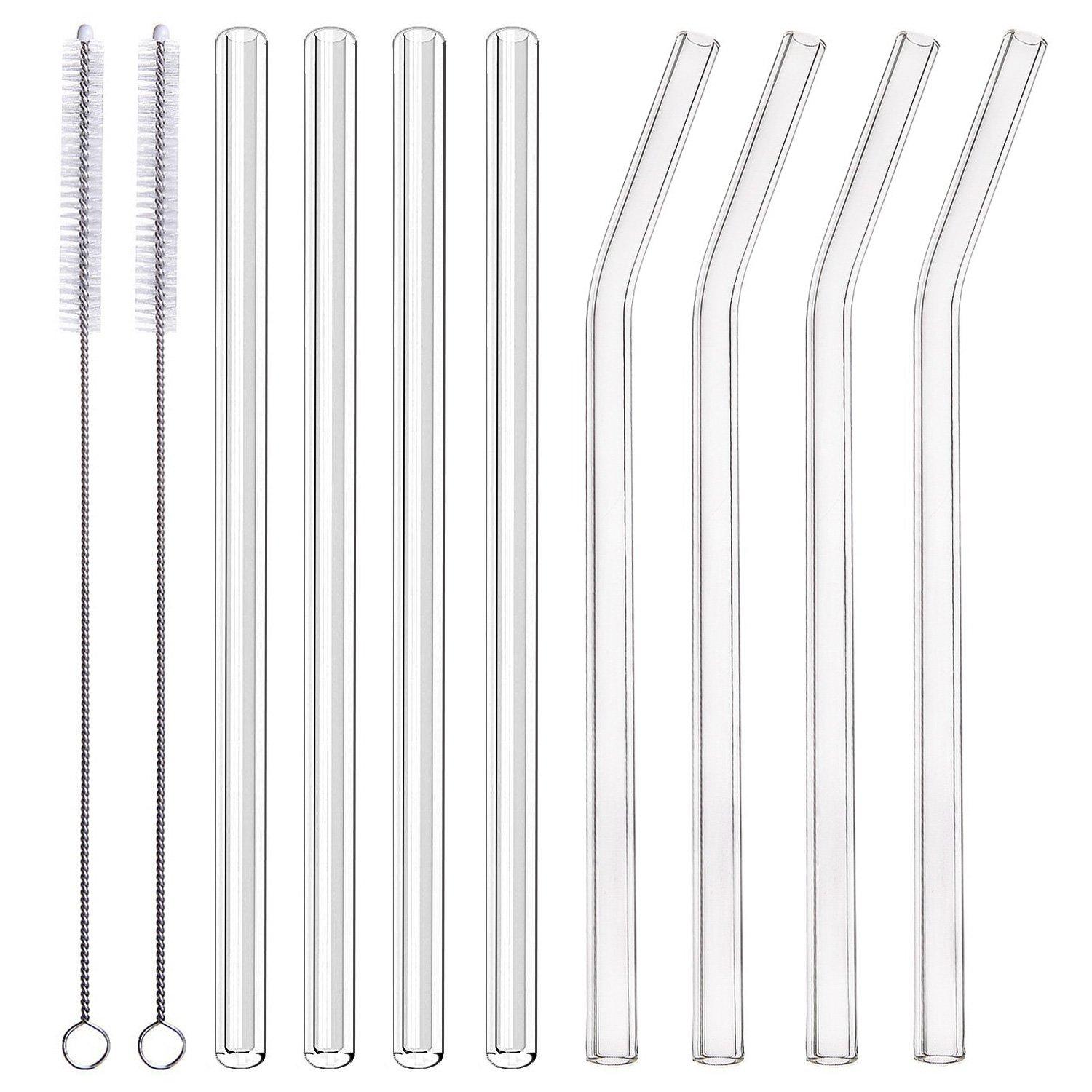 8-Pack Clear Glass Smoothie Straws, 10mm Wide 10" + 9 " Long Reusable Drinking Straws with 2 Cleaning Brush