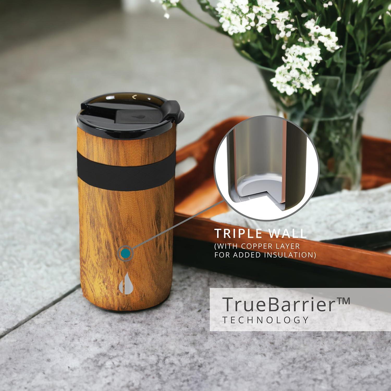 Elemental Duo-Sip 2 in 1 Travel Coffee Tumbler with 100% Leak Proof Lid & Slim Can Cooler Insulator for 12oz Slim Cans, Triple Walled Stainless Steel for Hard Seltzer & Hot/Cold Drinks - Teakwood
