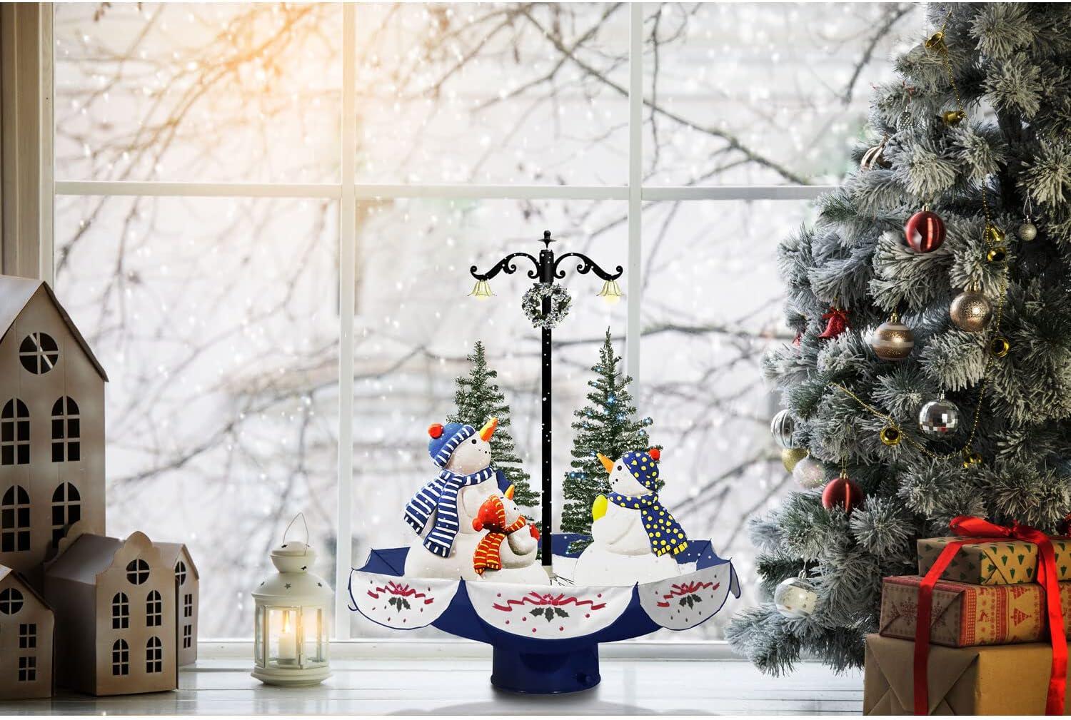 29-Inch Musical Snowman Family Scene with Blue Umbrella Base and Lights