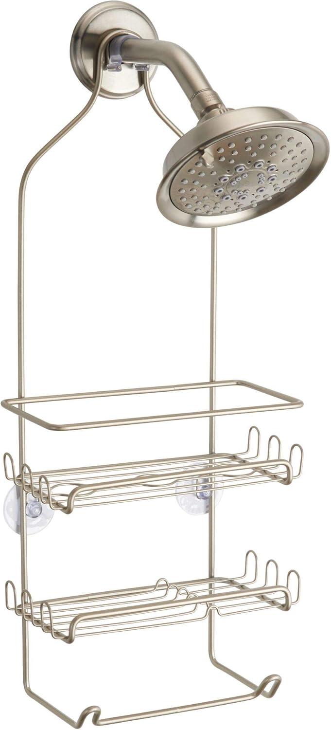 Satin Silver Metal Hanging Shower Caddy with Hooks and Towel Bar