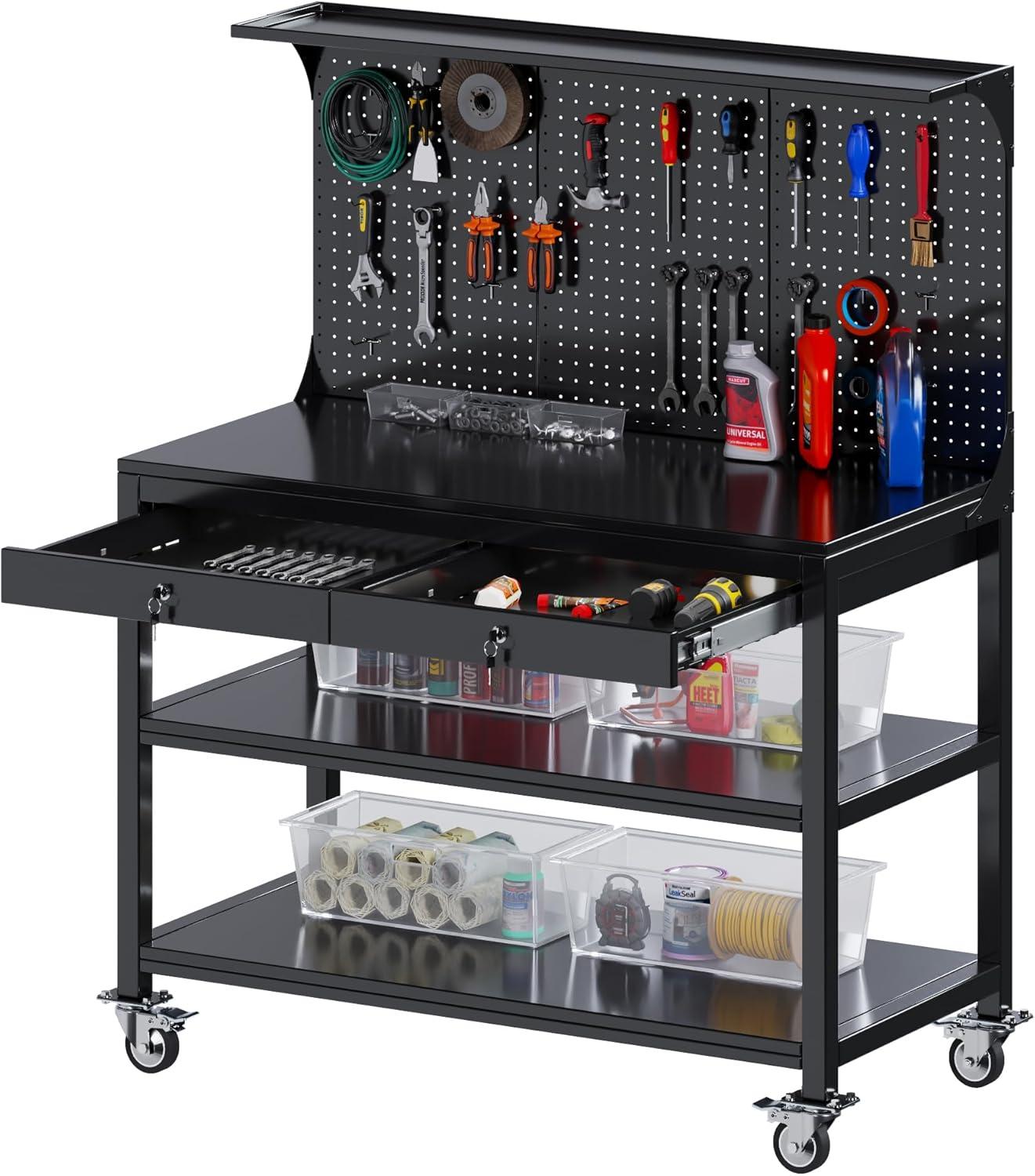 Black Heavy-Duty Steel Garage Workbench with Pegboard and Drawers