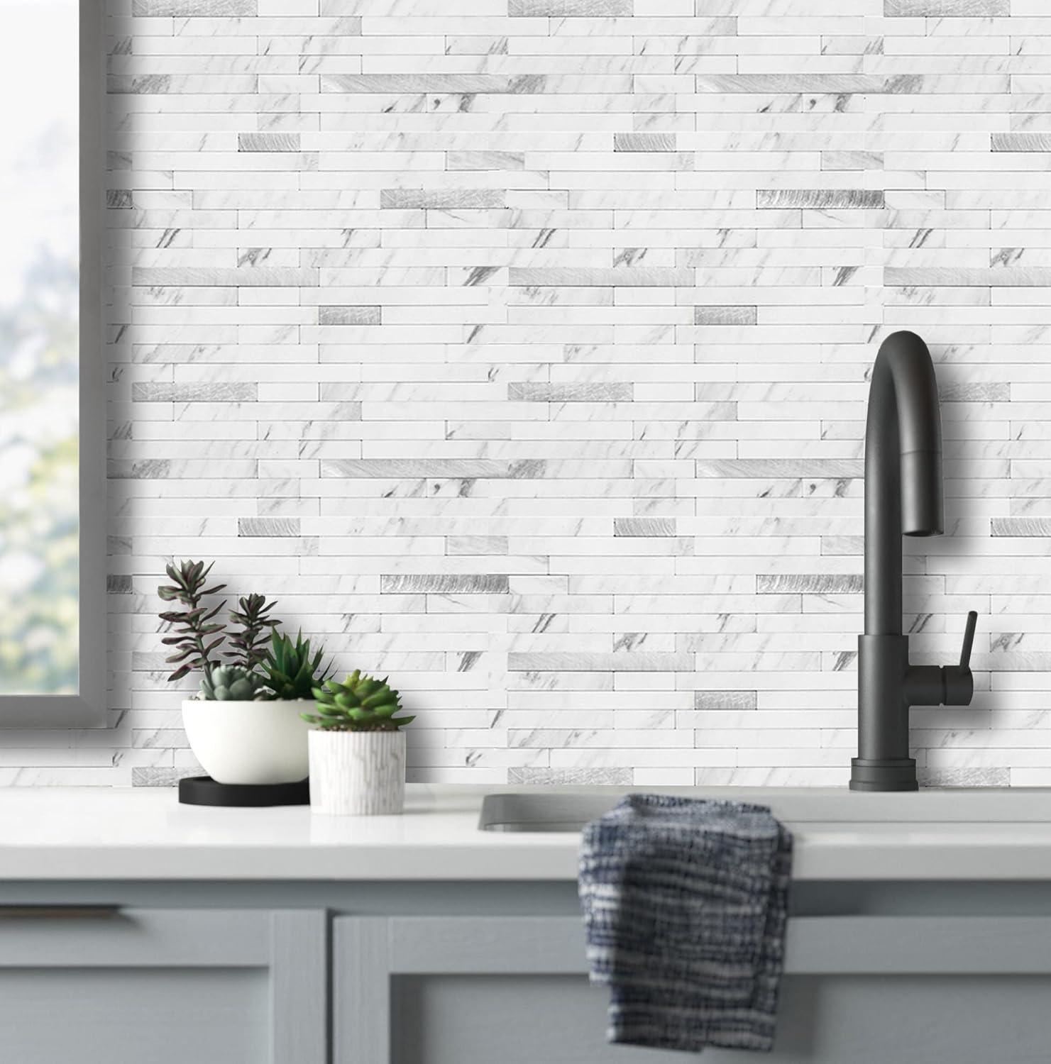 White Marble Look PVC Peel and Stick Backsplash Tiles