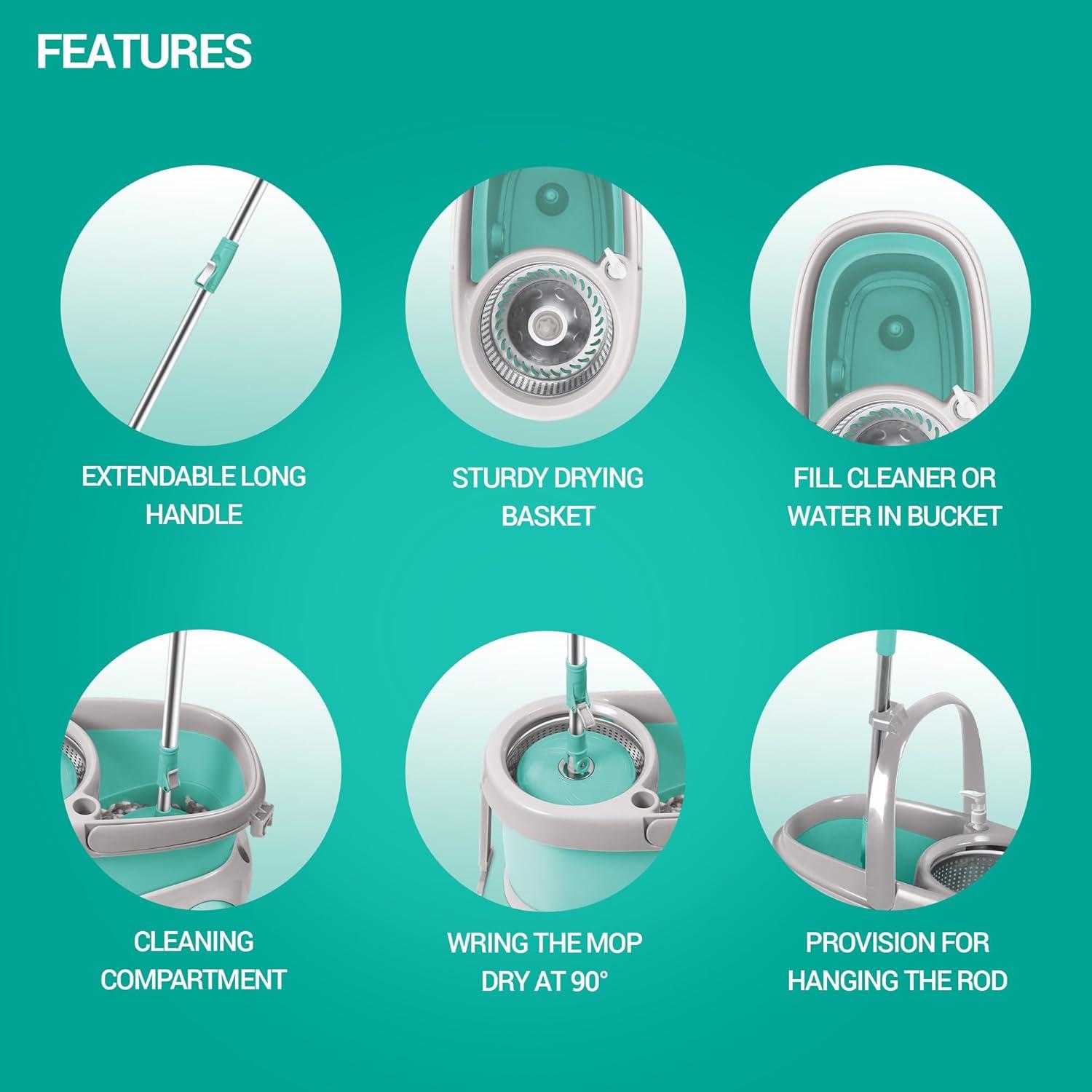 Spotzero Mop and Bucket with Wringer Set for Home, 360º Spin Mop and Bucket System with Microﬁber Technology, Height Adjustable Handle,