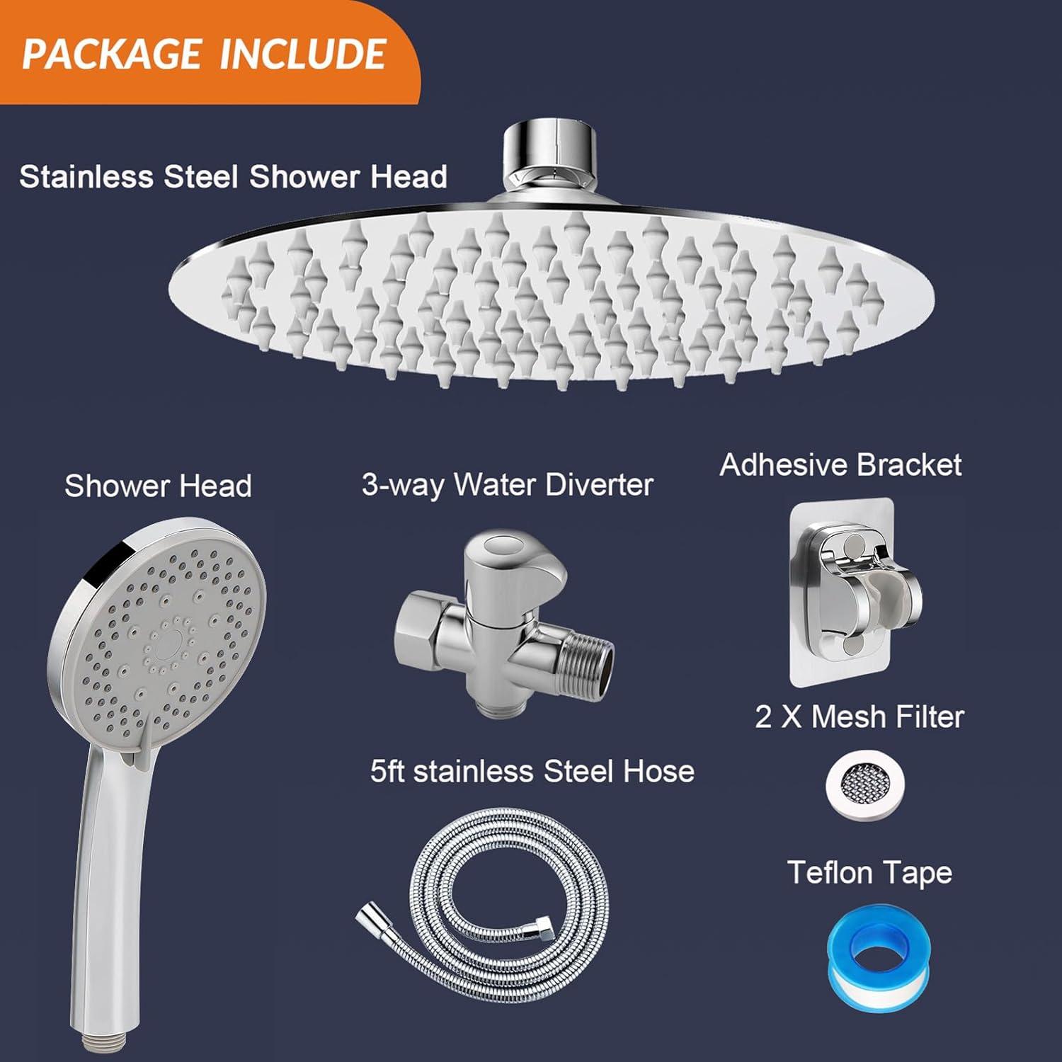 NearMoon Shower Head with Hose, High-Pressure Stainless Steel 8'' Rain Shower and 5 Settings Handheld Shower Spray Combo with Push Button Flow Control for Easy Operation (Chrome)