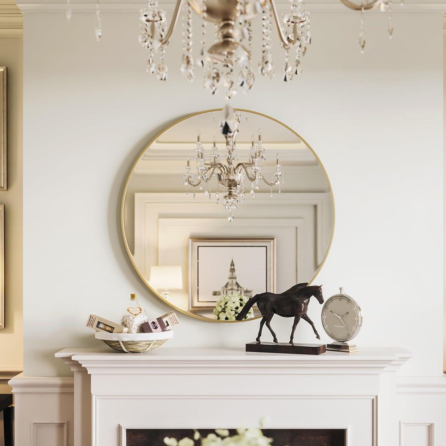 Gold 24 Inch Round Mirror - Bathroom & Wall Decor for Living Room, Entry Way, Bedroom - Metal Framed