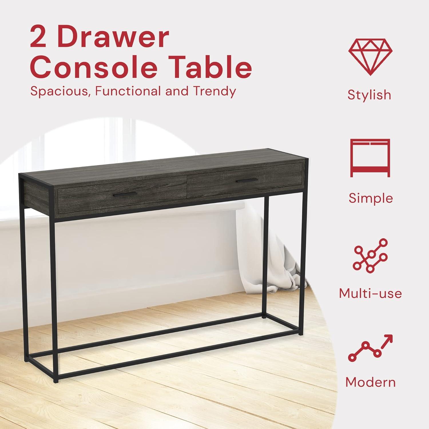 Safdie & Co. - Dark Grey Console Table with Black Metal Leg, Hallway Table with Drawers, Use As Doorway Table, Hallway Desk, or Accent Furniture for Decorating Foyer, 48 x 12 x 32 Inches