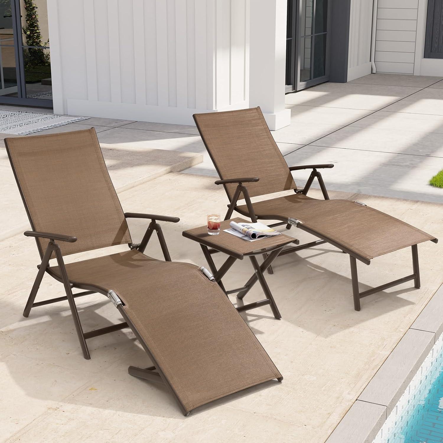 Brown Aluminum Adjustable Folding Patio Chaise Lounge Set