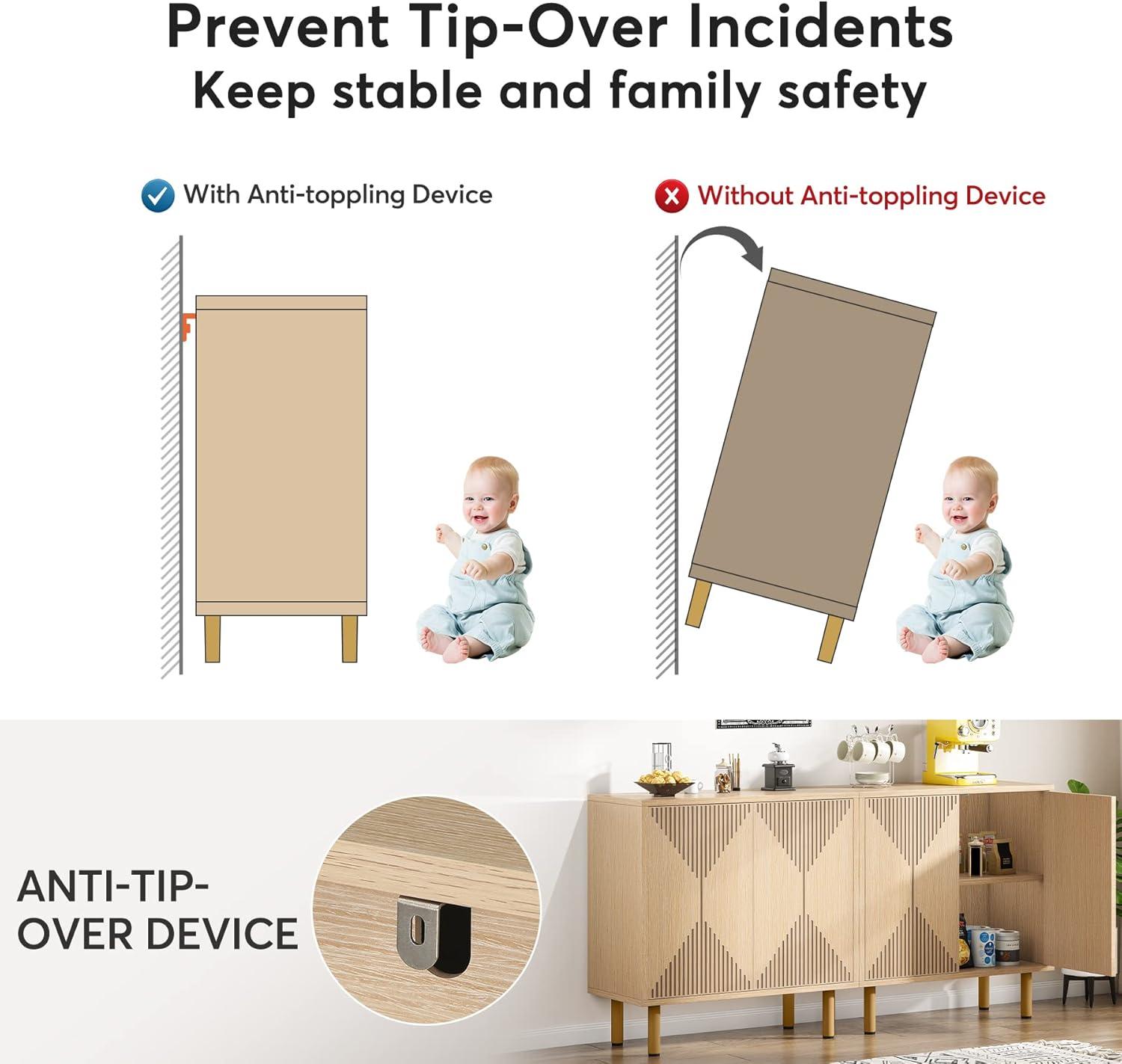 Modern White and Gold 59" Wood Storage Cabinet with Carved Doors