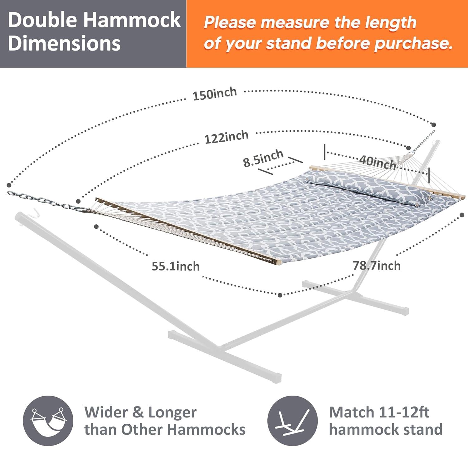 SUNCREAT Double Quilted Hammock with Hardwood Spreader Bar, Extra Large Soft Pillow, Heavy Duty 2 Person Hammock for Indoor, Outdoor, Grey Pattern