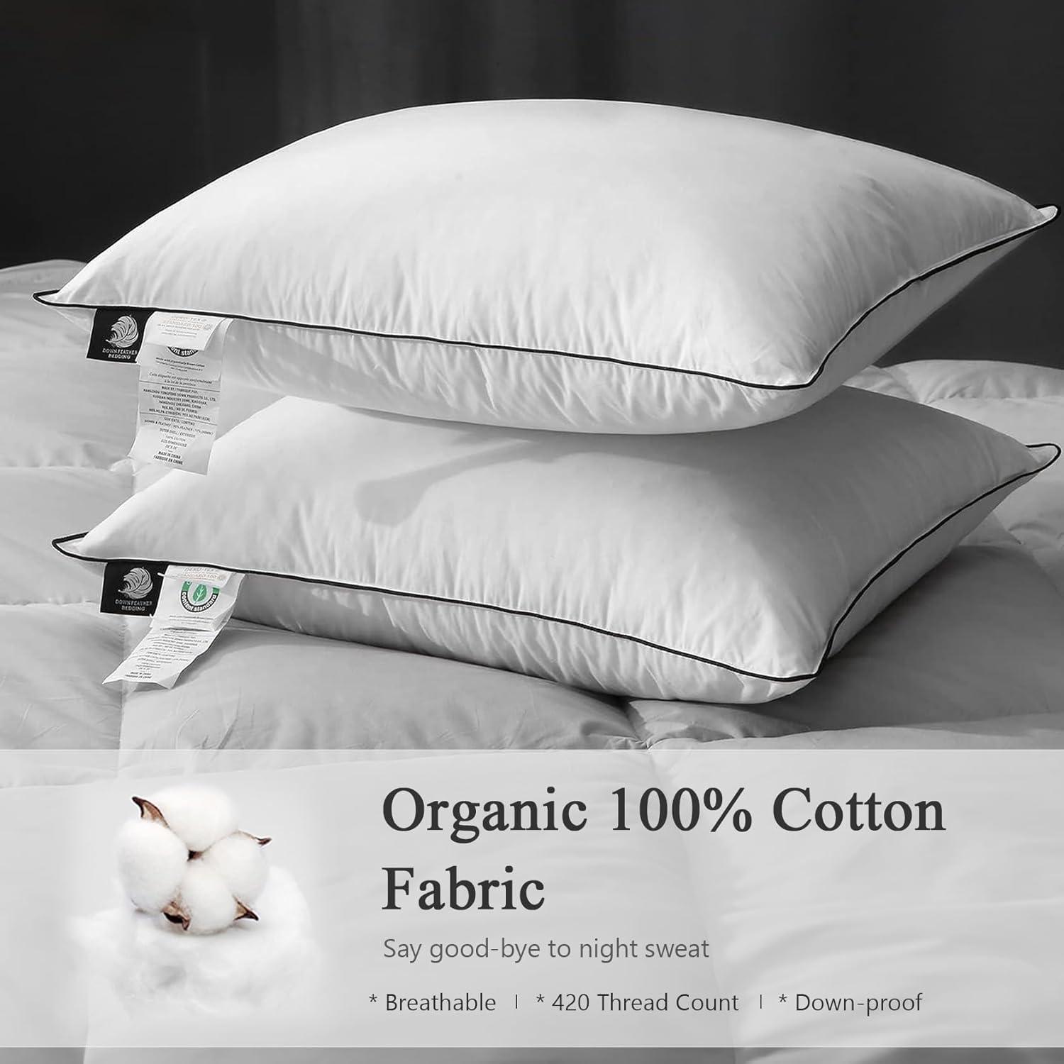 White Standard Goose Feather Down Pillow with Cotton Cover