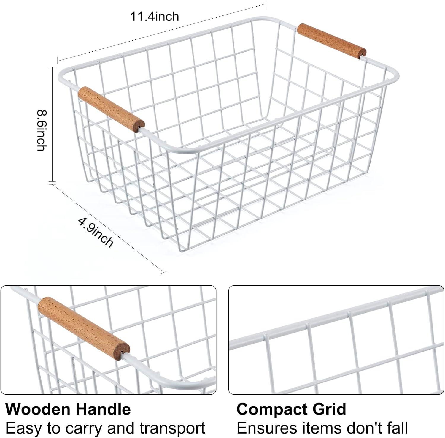 White Powder Coated Metal Wire Baskets with Wooden Handles - Set of 2